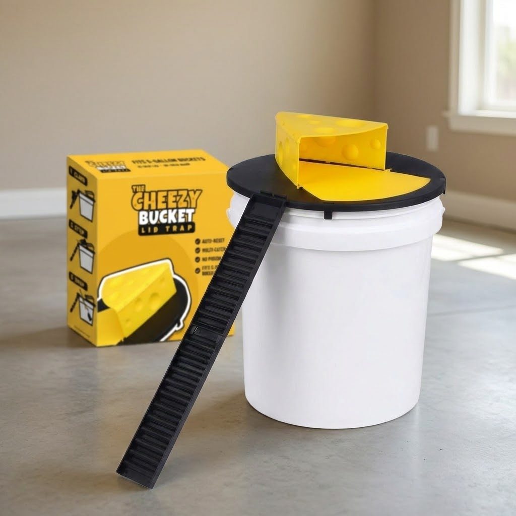 The CheezyBucket Lid Trap on a white 5-gallon bucket in a garage, its yellow box behind it