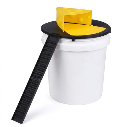 The CheezyBucket Lid Trap on a white 5-gallon bucket: a black lid with a yellow cheese-wedge hood and a black ramp down to the floor