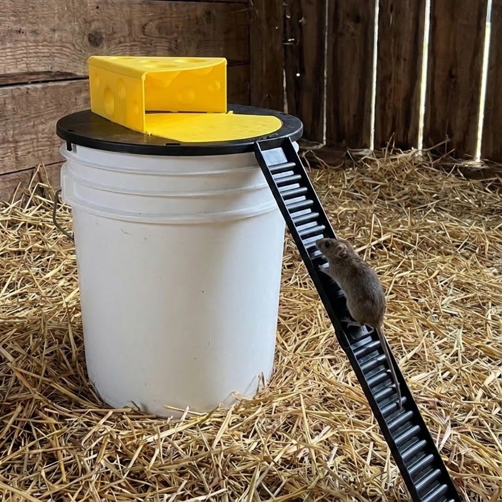A mouse climbing the ramp to the CheezyBucket Lid Trap on a white bucket in a barn