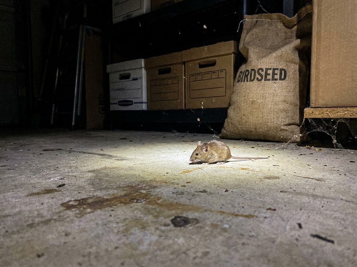 A house mouse on a garage floor at night, caught in a flashlight beam