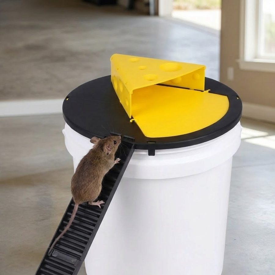 A mouse climbing the black ramp to the CheezyBucket lid on a white bucket