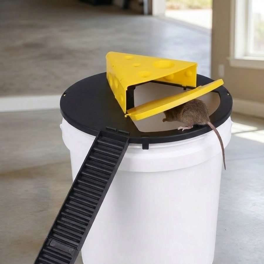 The yellow plate tipping on its pivot as the mouse drops into the bucket