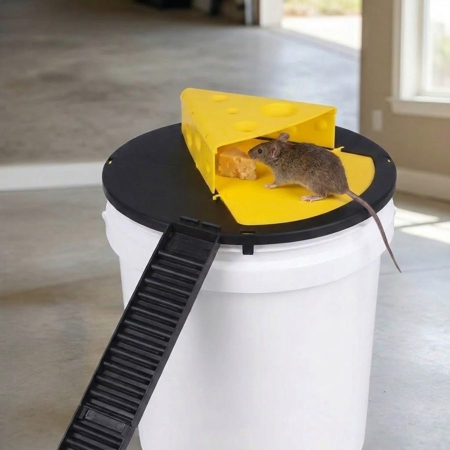 The mouse on the yellow plate, reaching for the cheese at the base of the wedge